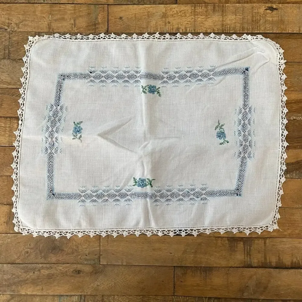 White Cotton Napkin Set (4) Handmade Blue Cross-Stitch Floral Crochet Border